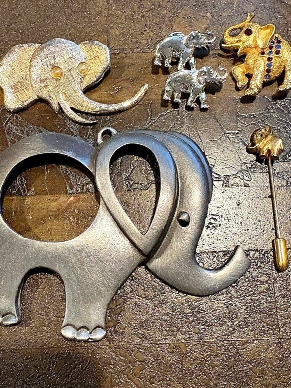 Elephant Brooch & Stick Pin Set Gold Silver